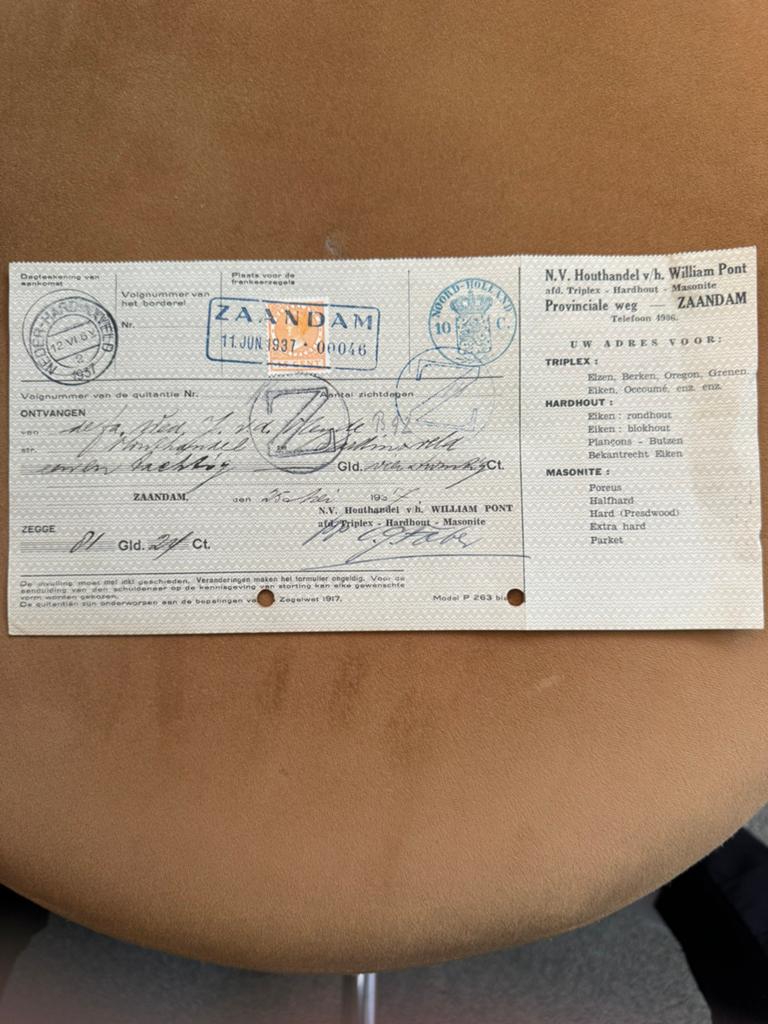 Hele mooie kwitantie uit 1937, Ophalen of Verzenden, Zo goed als nieuw