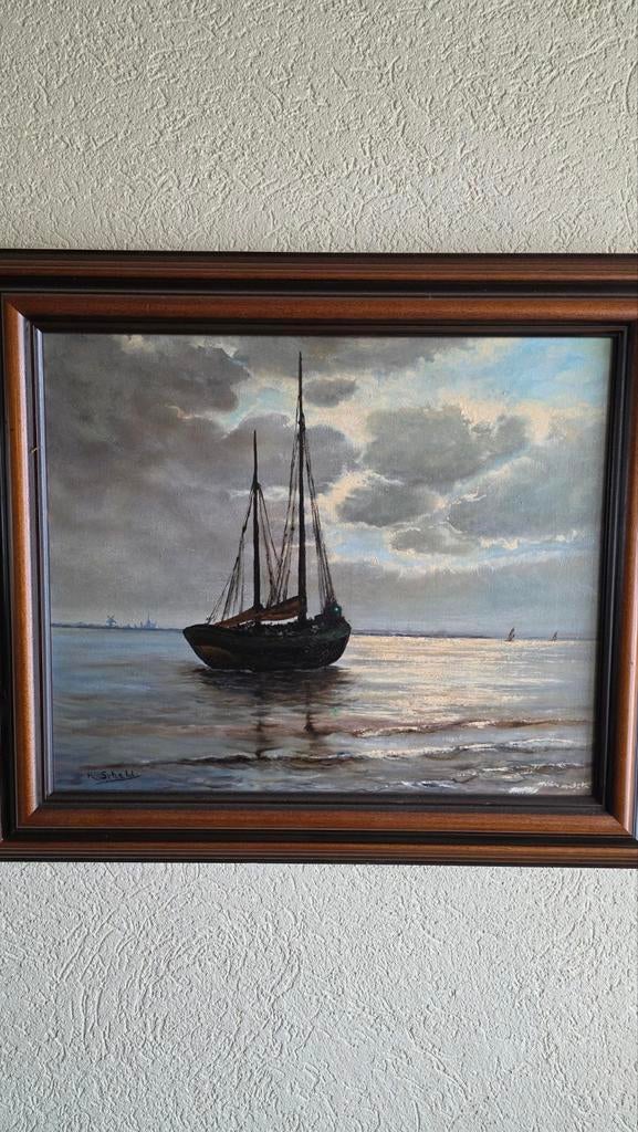 Schilderij: Zeilschip op Zee bij Zonsondergang, gesigneerd, Antiek en Kunst, Ophalen of Verzenden