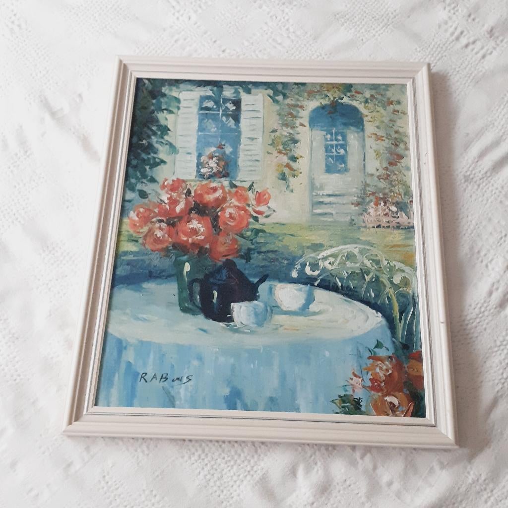 Olieverf schilderij Zuid-Europa terras witte houten lijst, Ophalen, Zo goed als nieuw, Schilderij, 50 tot 75 cm