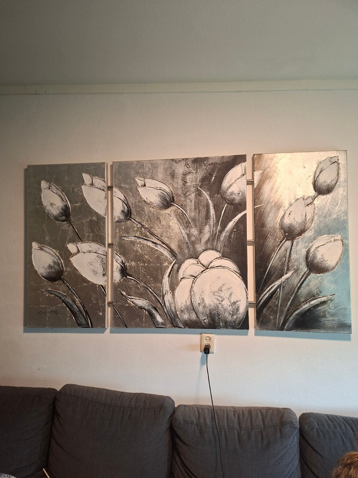Modern drieluik schilderij met zilveren tulpen, Ophalen