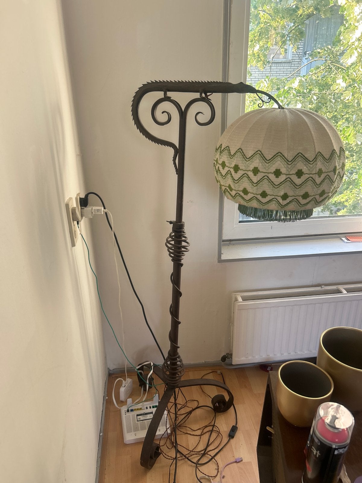 Unieke smeedijzeren vloerlamp met stoffen kap, Ophalen of Verzenden, Gebruikt, Metaal, 150 tot 200 cm