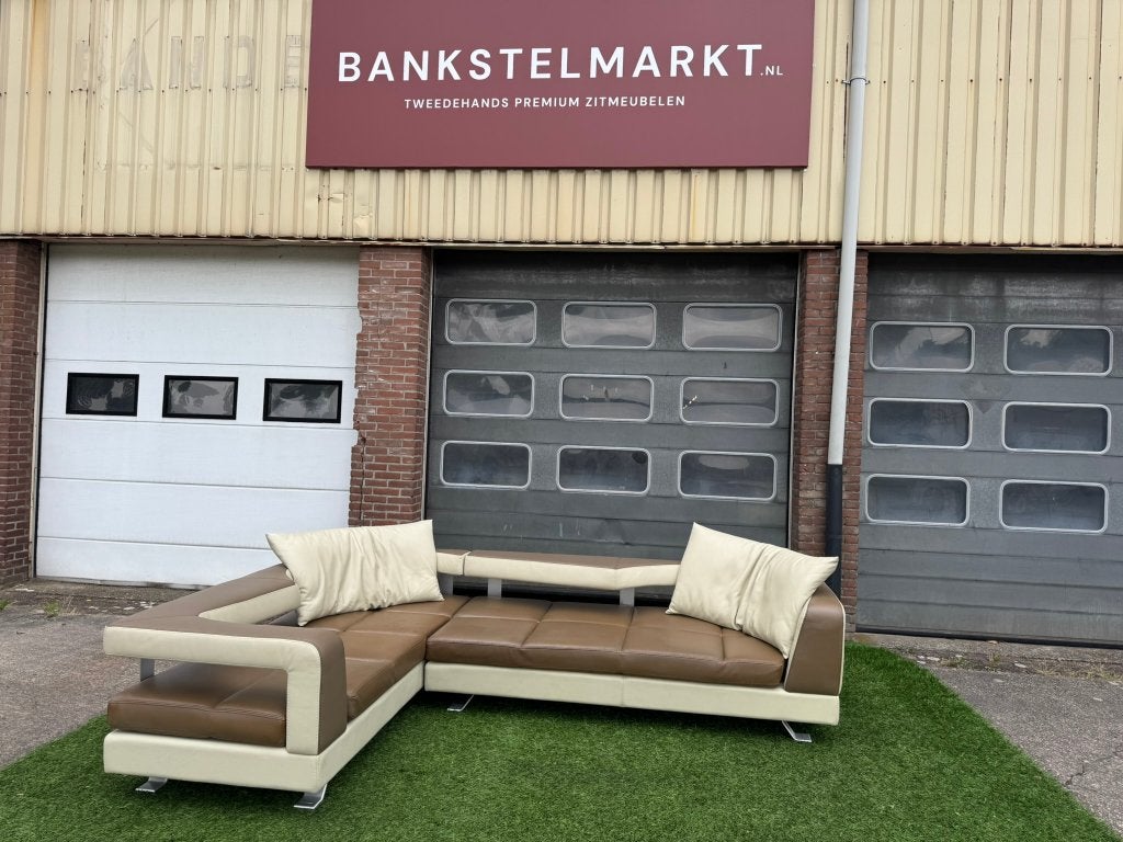Hoekbank FORMENTI design  bankstel bruin/creme buffel leer, Ophalen, 250 tot 300 cm, Geen, Pahest@hotmail.nl