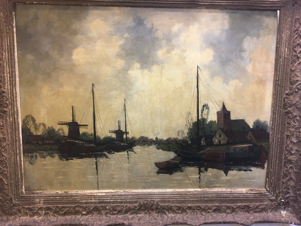 Dorpsgezicht aan de rivier, 110 jaar oud, Ophalen, Maritiem / water, Oud hollands, Overige ondergronden