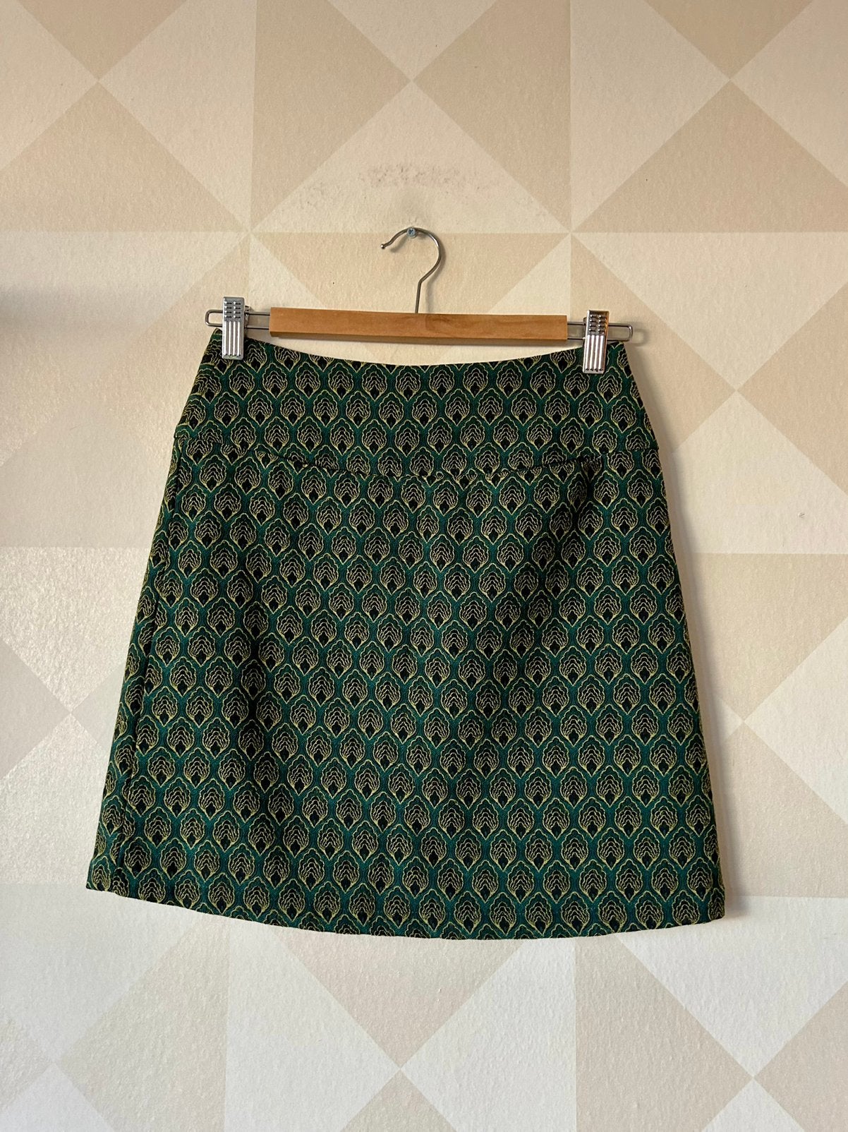 King Louie Skirt rok groen goud bloem XS/34 zgan, Ophalen of Verzenden, Zo goed als nieuw, Maat 34 (XS) of kleiner, Boven de knie