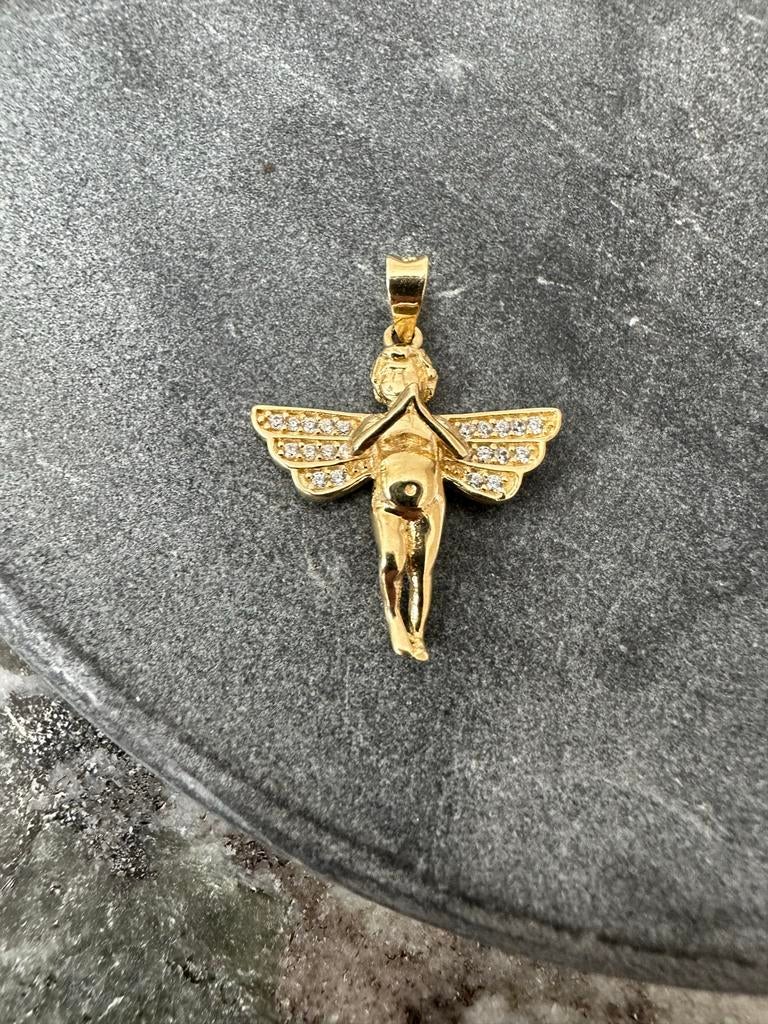 14k Gouden Engel Hanger met Zirkonia, Overige voorstellingen, Nieuw, Ophalen of Verzenden, Goud