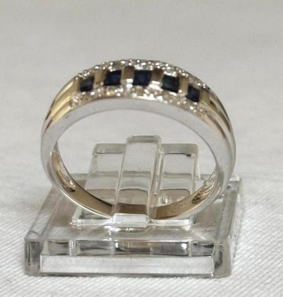 18 karaat witgouden ring met natuurlijke diamant en saffier, Wit, Ophalen of Verzenden, Zo goed als nieuw, 17 tot 18