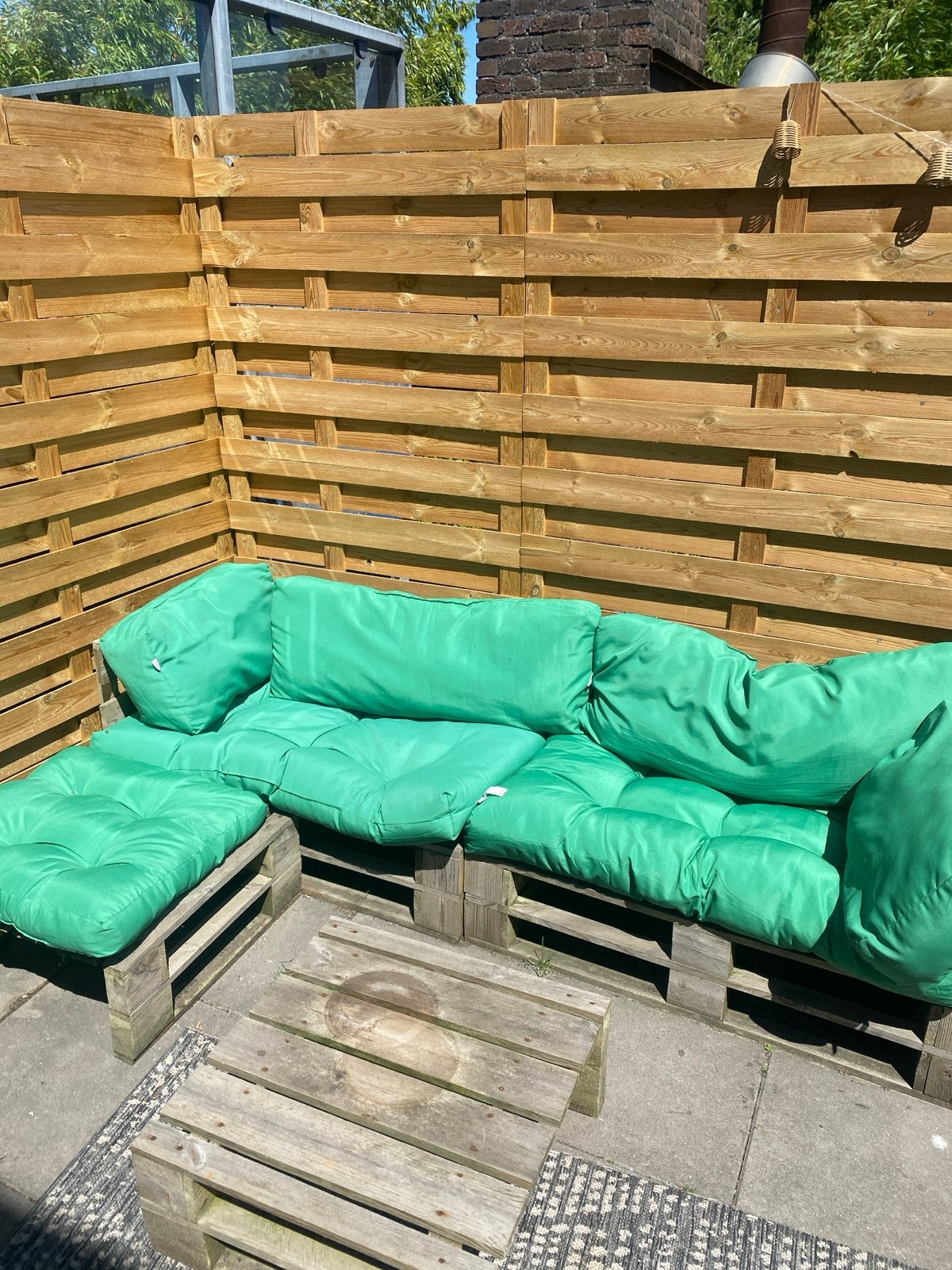Pallet Loungeset met Kussens - Gebruikt, Ophalen, Gebruikt, 3 zitplaatsen, Loungeset