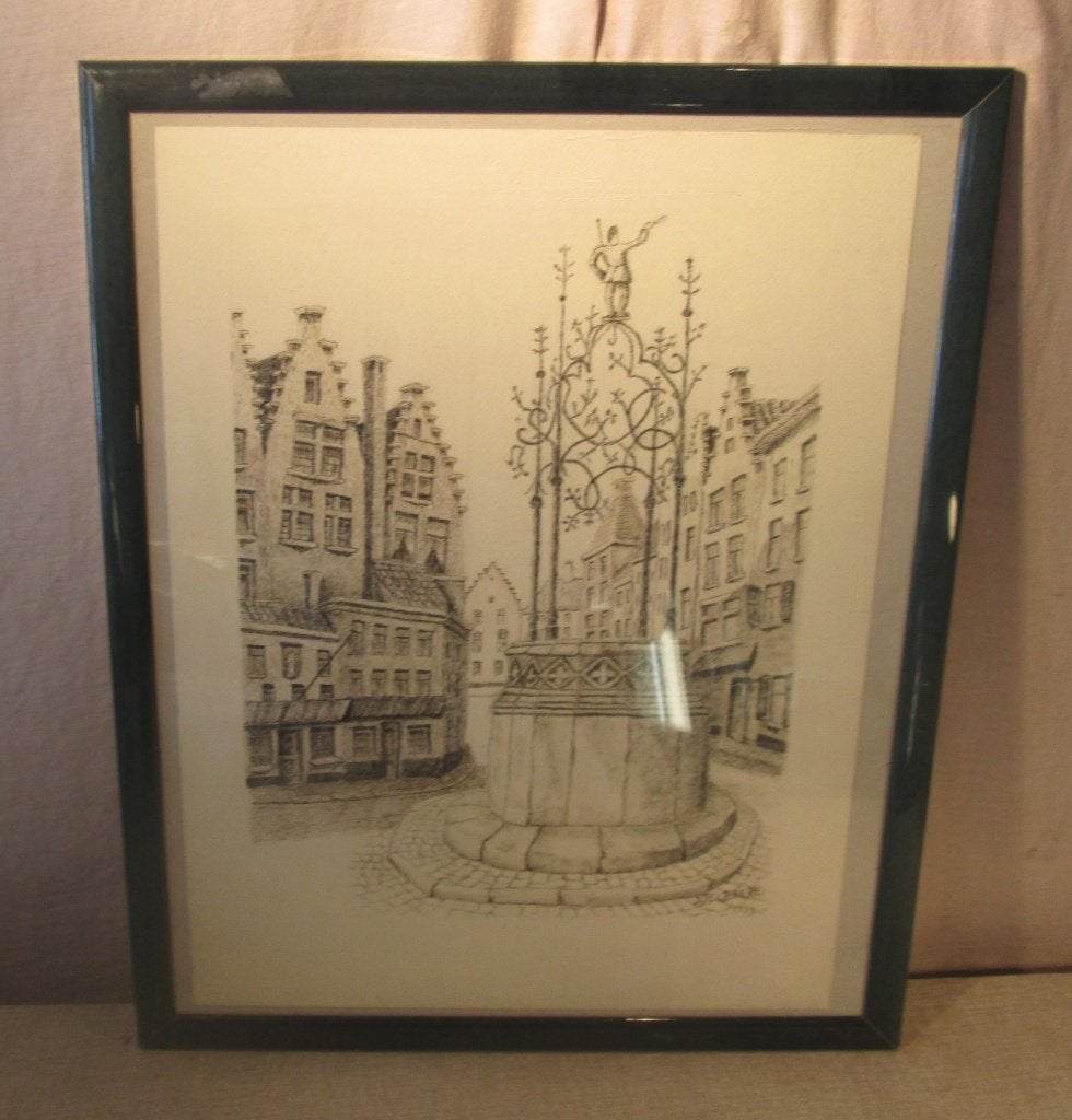 Mooie Tekening 'Midden in de Oude Stad' - Delbaere, Ophalen of Verzenden, Tekening, Gesigneerd