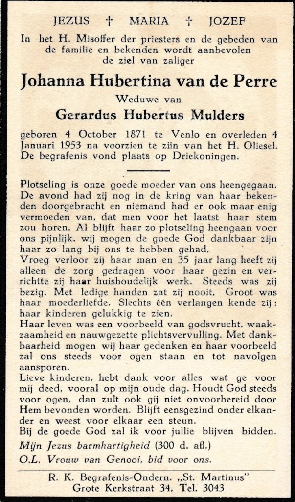 Perre Johanna 1871 Venlo 1953, Verzamelen, Bidprentjes en Rouwkaarten, Ophalen, Bidprentje