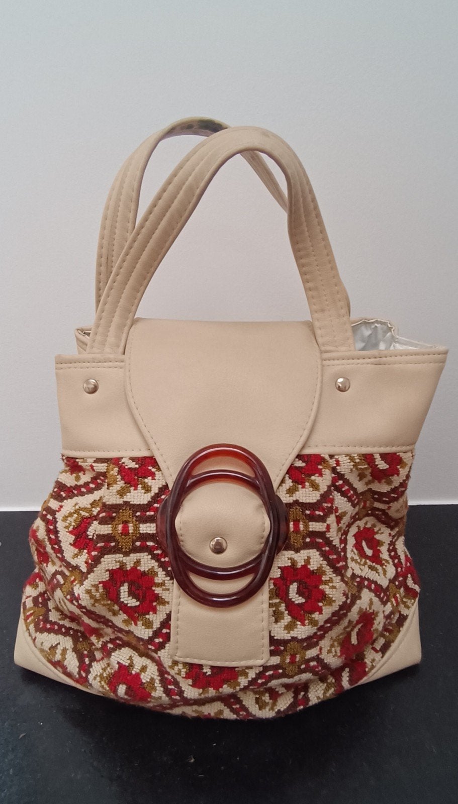 Vintage handtas met Gobelin geborduurd patroon, Ophalen of Verzenden, Gebruikt, Beige, Handtas