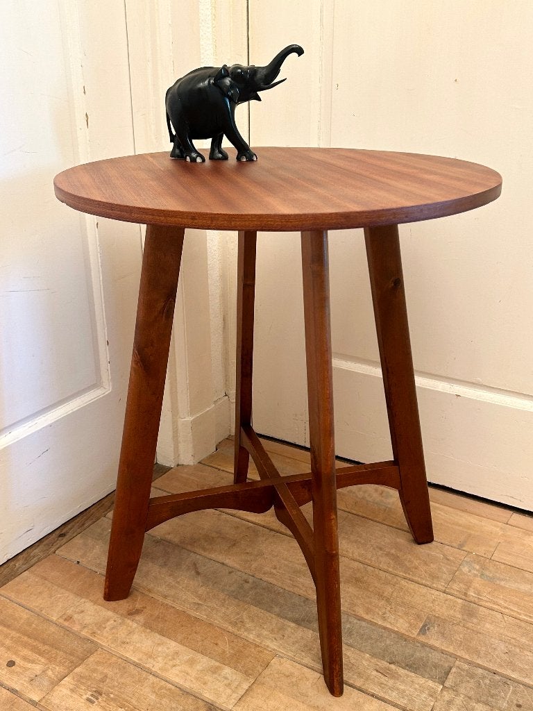 ⁠Vintage MidCentury bijzettafel/poten massief/mahonie fineer, Ophalen, Minder dan 55 cm, Gebruikt, 60 cm of meer