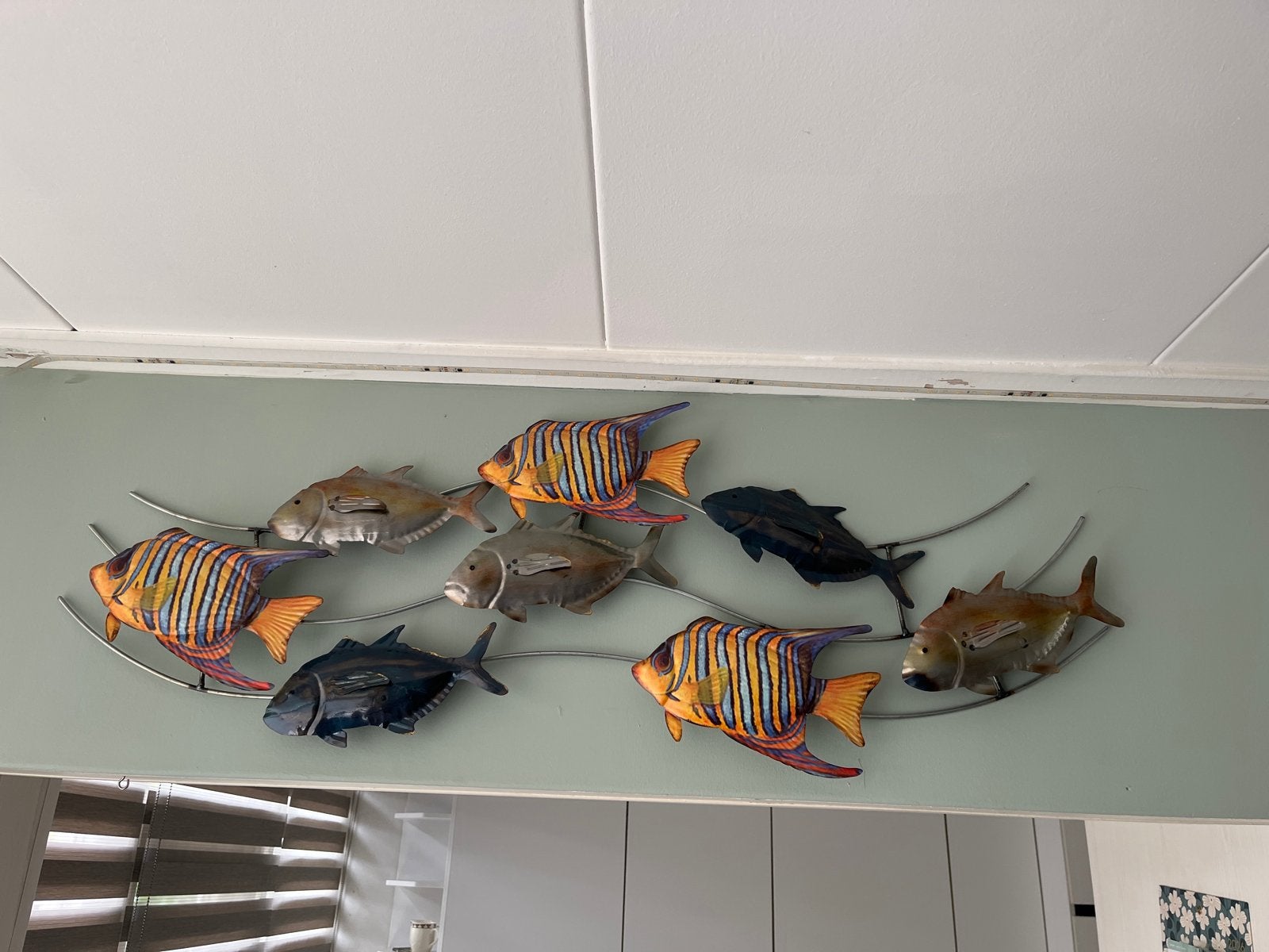 Metalen wanddecoratie vissen 120x40 cm, Ophalen, Metaal, Wandsculptuur, Meerkleurig