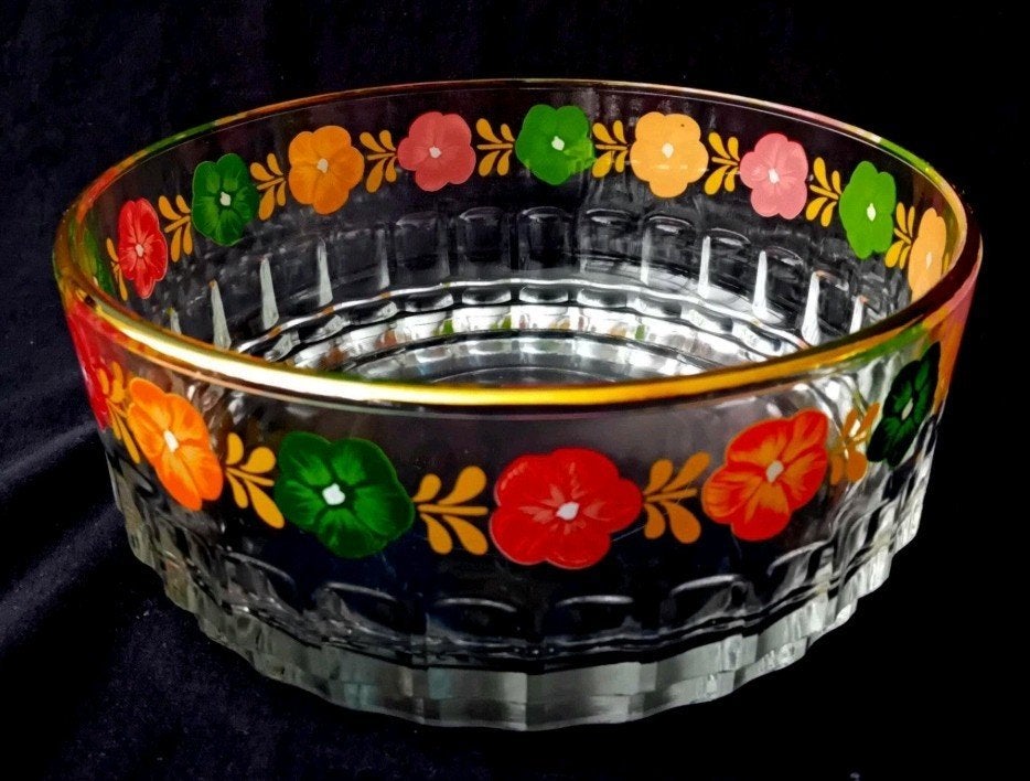 Vintage glazen saladeschaal met bloemenmotief, Ophalen of Verzenden