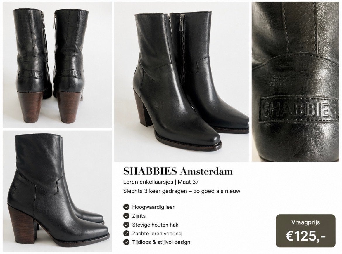 Shabbies Amsterdam Leren Enkellaarsjes Maat 37, Ophalen of Verzenden, Zo goed als nieuw, Zwart, Lage of Enkellaarzen