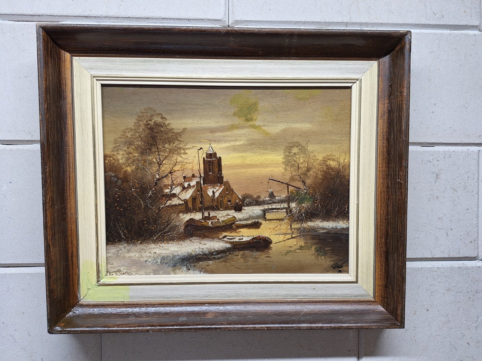 Schilderij Hollands winterlandschap met kerk en boten, Antiek en Kunst, Kunst | Schilderijen | Klassiek, Realistisch, Ophalen of Verzenden