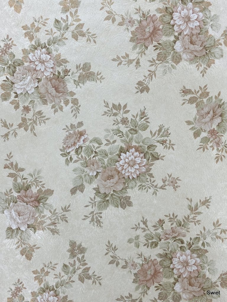 7389 Oudroze bloemenbehang met structuur en glans swiet, Verzenden, Beige