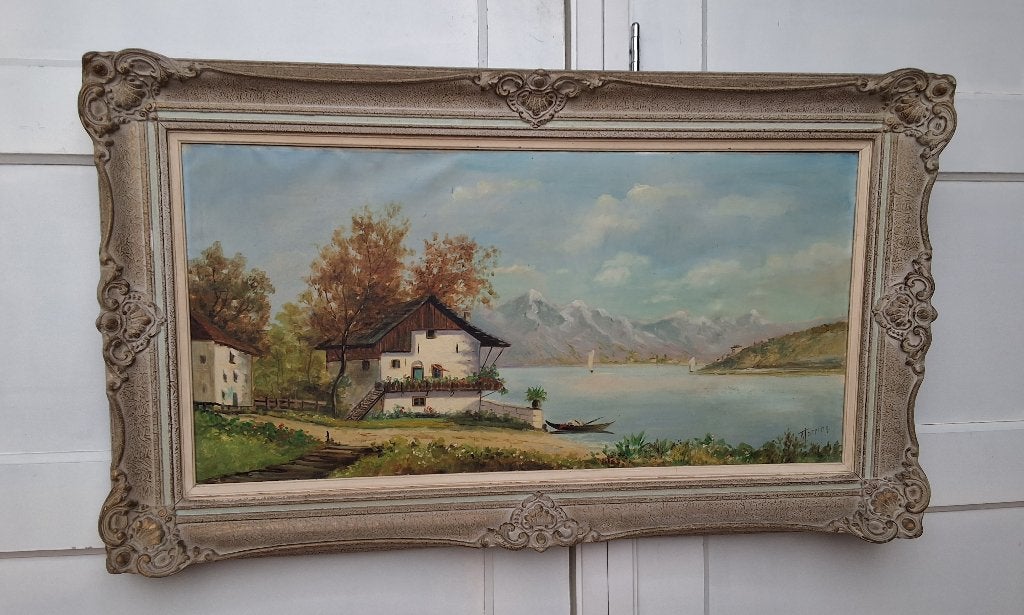 Schilderij met berglandschap in lijst 96 x 56 cm A. Torring, Ophalen, Doek, Realistisch, Landschap