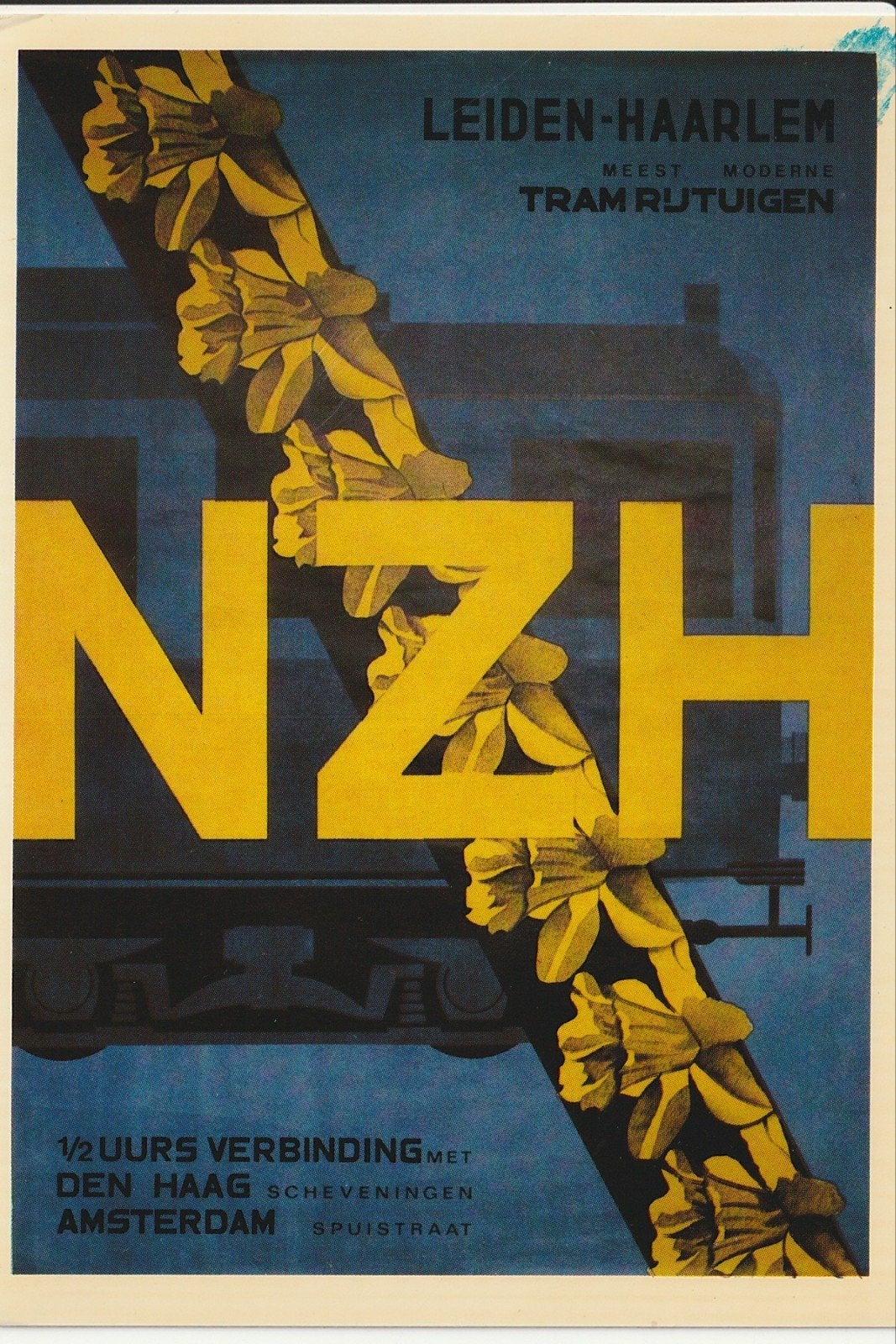 AFFICHE NZH MODERN TRAMRIJTUIG LEIDEN HAARLEM A'DAM DEN HAAG, Ophalen of Verzenden, 1920 tot 1940, Ongelopen, Zuid-Holland