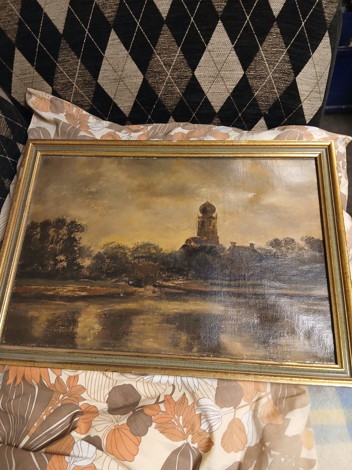 Olieverfschilderij van A.C. Hubert - Stadsgezicht Deinum, Doek, Ophalen of Verzenden, Olieverf, Klassiek