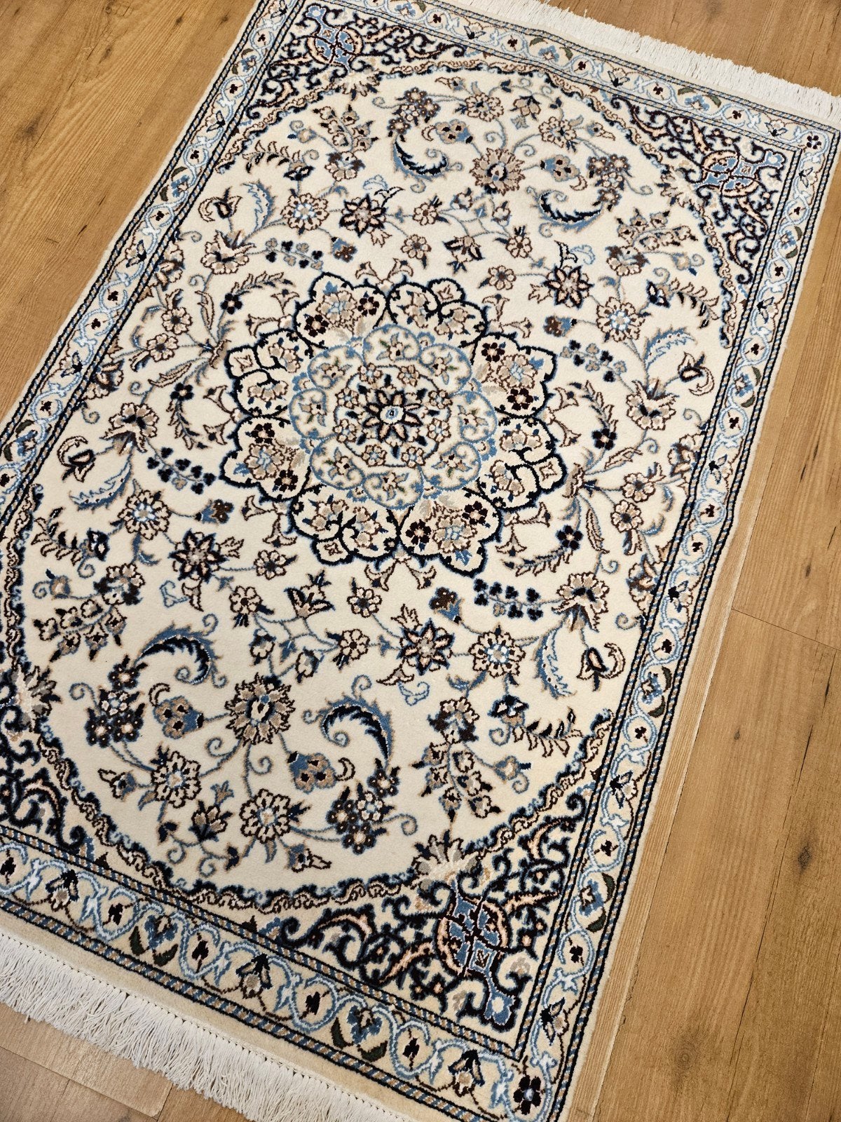 Vintage handgeknoopt perzisch tapijt nain 9la 146x89, Info@SlatsAntiek.nl, Tweedehands, Blauw, 100 tot 150 cm