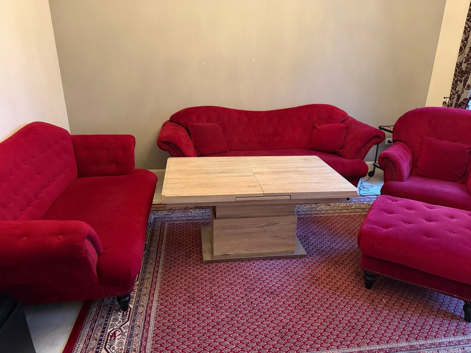 Rode fluwelen klassieke zitset: 3-zits, 2-zits, fauteuil, po, Ophalen of Verzenden, Gebruikt, Stof