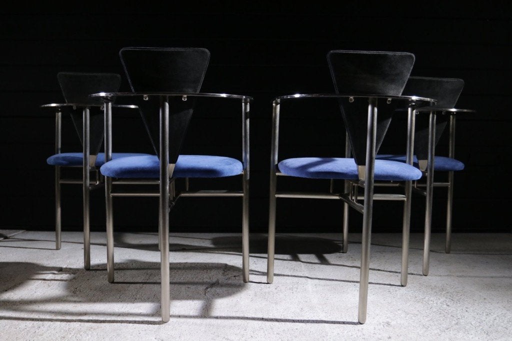 Belgo Chrom stoelen Memphis style - set van 4, Ophalen, Gebruikt, Blauw, Memphis Design, Vintage, Jaren 70