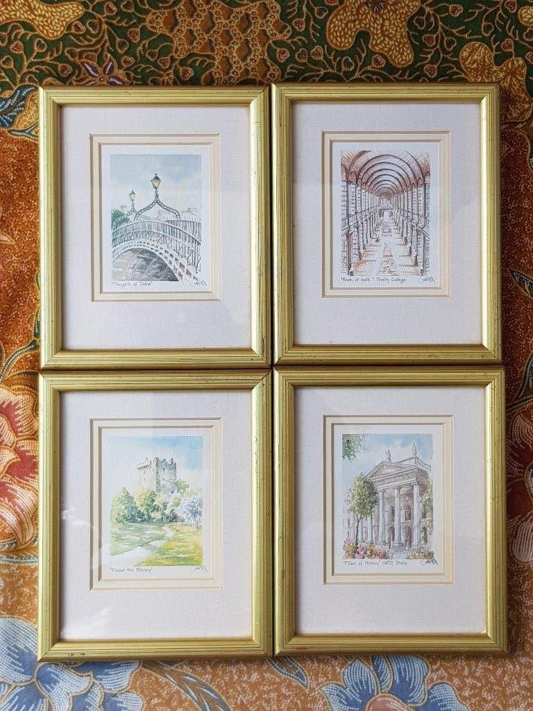 Vier mooie originele ingelijste vintage prenten uit Ierland., Ophalen of Verzenden