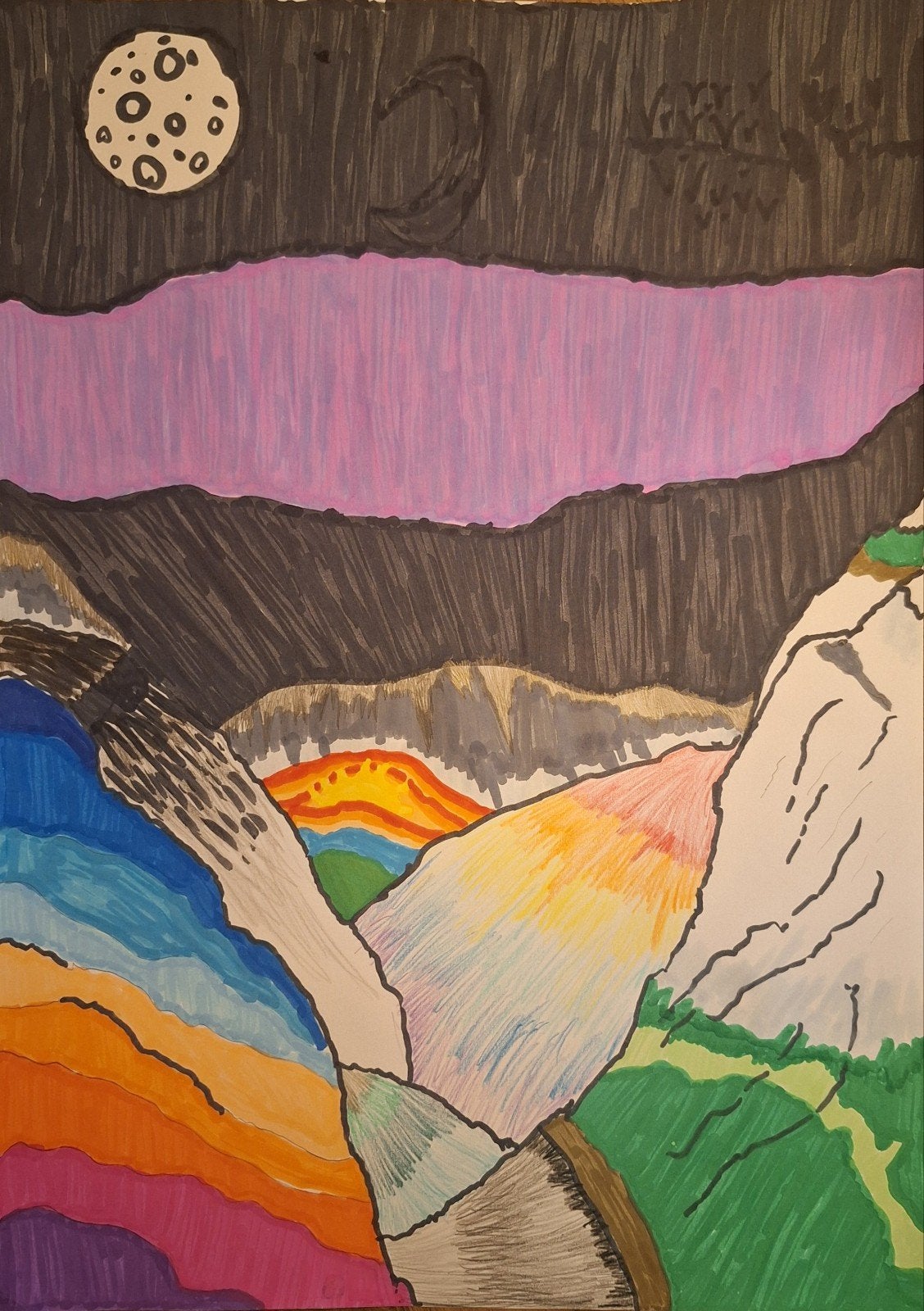 Kleurrijk Berglandschap bij Nacht - Handgetekend, Ophalen