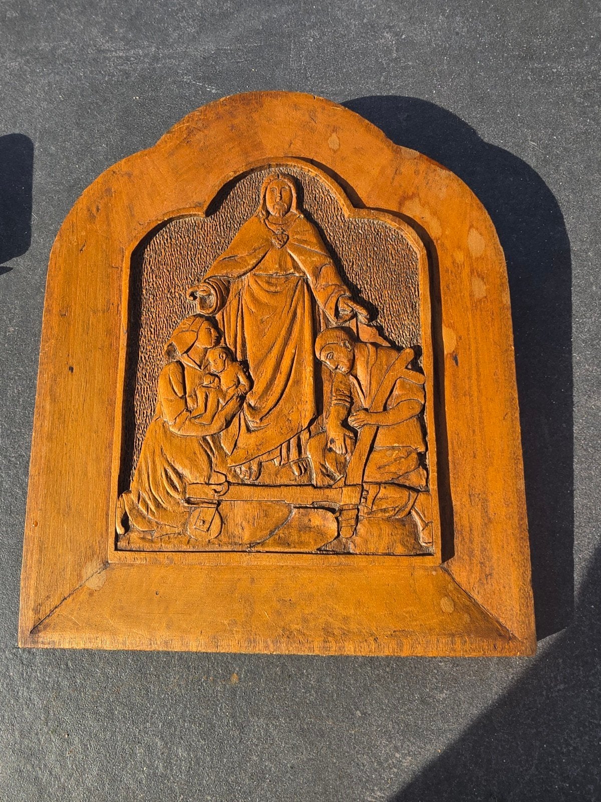Houten reliëf met religieuze voorstelling, 24x20 cm, Antiek en Kunst, Ophalen of Verzenden