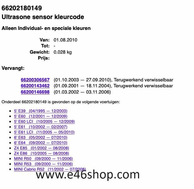 Foto 5 van PDC sensor BMW E39 E60 E61 E63 E64 Z4 MINI OE 66200306567 SP