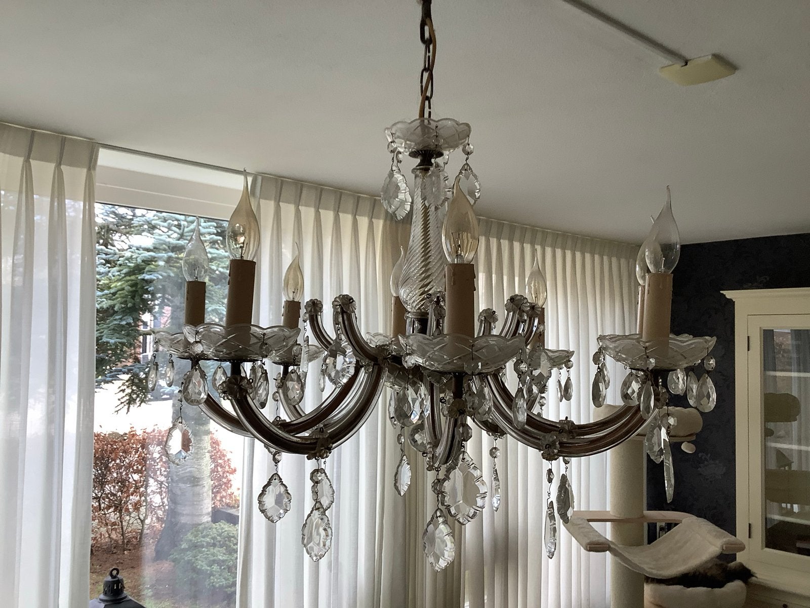 Elegante Kroonluchter met Kristallen Hangers, Ophalen, Gebruikt, Glas