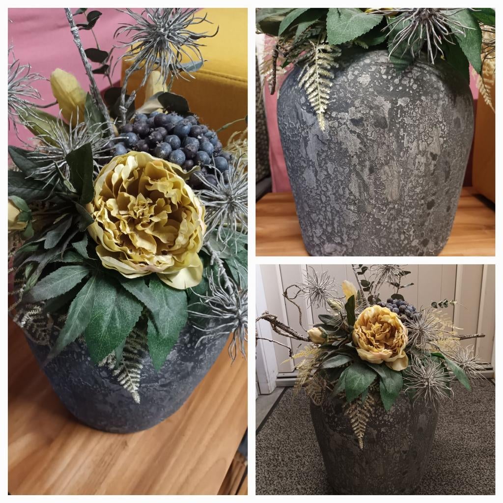 Mooie pot/vaas met zijde/kunst bloemstuk, Ophalen, Overige materialen, Gebruikt, Overige kleuren