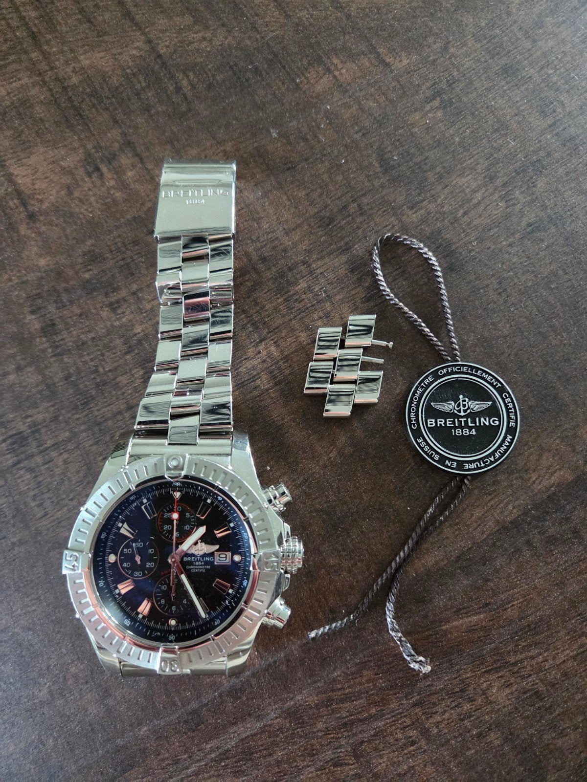 Breitling Super Avenger ZGAN met doos en papieren, Ophalen of Verzenden