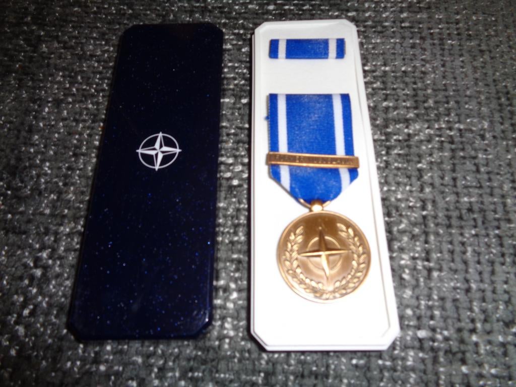 Medaille NATO Former Yugoslavia leger in doosje met baton, Verzamelen, Militaria | Algemeen, Verzenden, Landmacht, Nederland, Lintje, Medaille of Wings