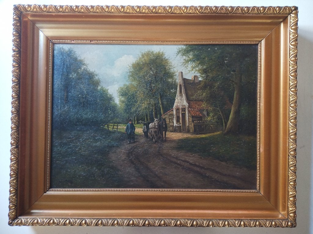 Schilderij - bospad, paard en wagen en woonhuis., Antiek en Kunst, Kunst | Schilderijen | Klassiek, Ophalen, Oud hollands, Landschap