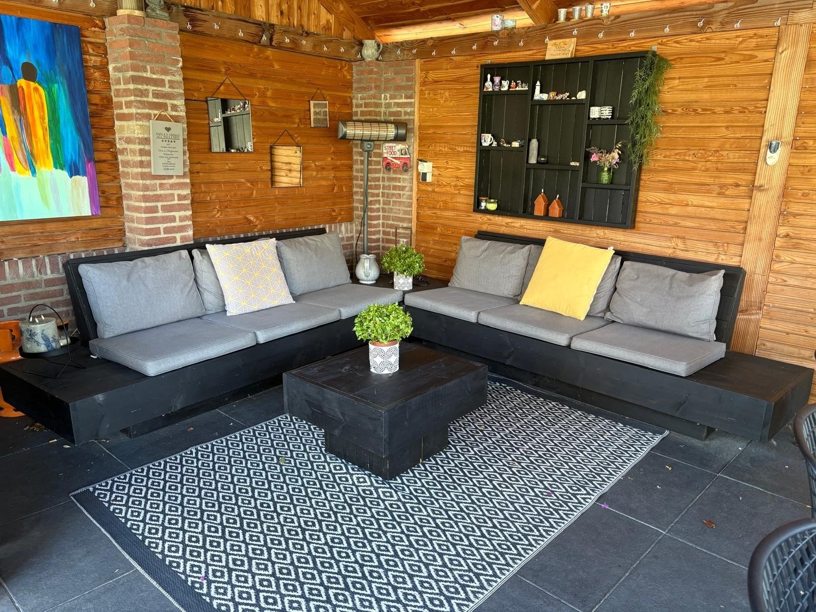 Zwarte loungeset 2,80x2,80 met kussens, Ophalen, Gebruikt, Loungeset, Hout