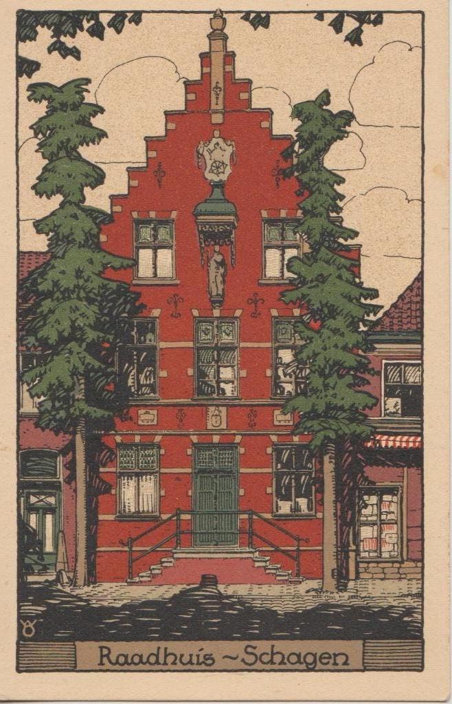 1934 schagen raadhuis monument oude gevel, Ophalen of Verzenden, 1920 tot 1940, Gelopen, Noord-Holland