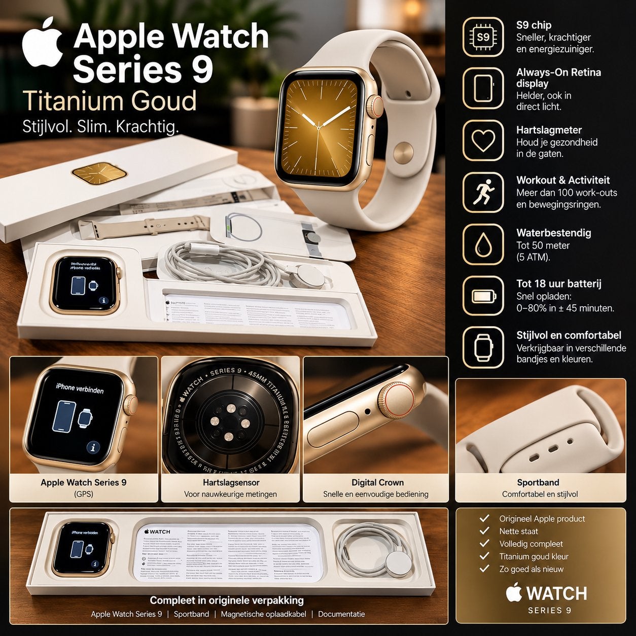 Apple Watch 9 Titanium Goud- 45MM - GPS + Cellular 4G E-SIM, Ophalen, Stappen, IOS, Zo goed als nieuw