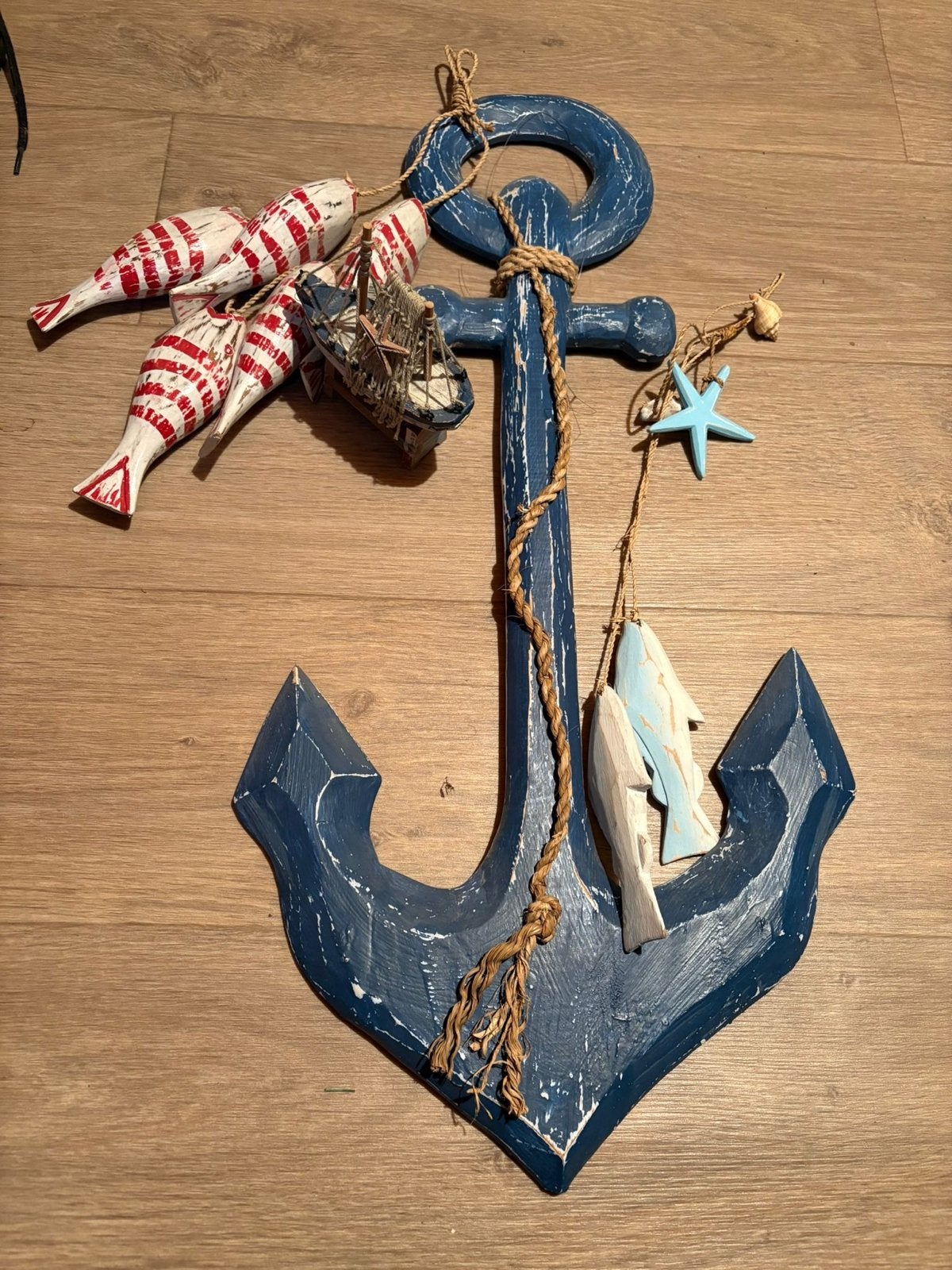 Zee en scheepsspullen: Anker, visnet en vissen decoratie, Hout, Gebruikt, Blauw, Overige stijlen