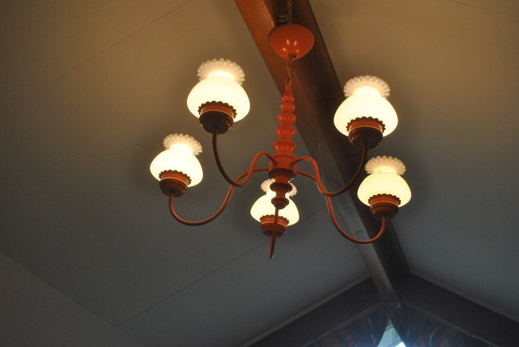 Kroonluchter, vintage jaren 60/70, oranje, metaal, glas, Huis en Inrichting, Ophalen, Gebruikt, Glas, Vintage
