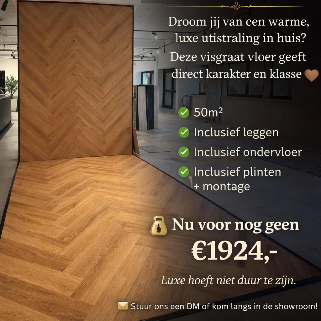 Visgraat vloer inclusief leggen, ondervloer en plinten, Bruin, Nieuw, Ophalen of Verzenden, 25 tot 50 m²