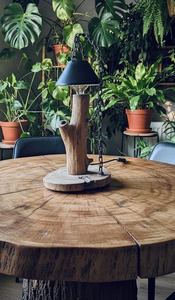 Unieke vintage tafellamp van hout en metaal, Ophalen of Verzenden, Gebruikt, Hout, 50 tot 75 cm
