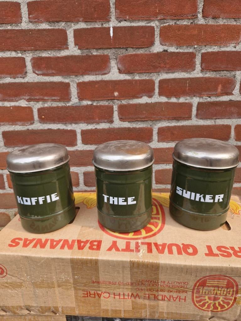 Gave groene emaille koffie thee en suiker blikken, Antiek en Kunst, Ophalen of Verzenden