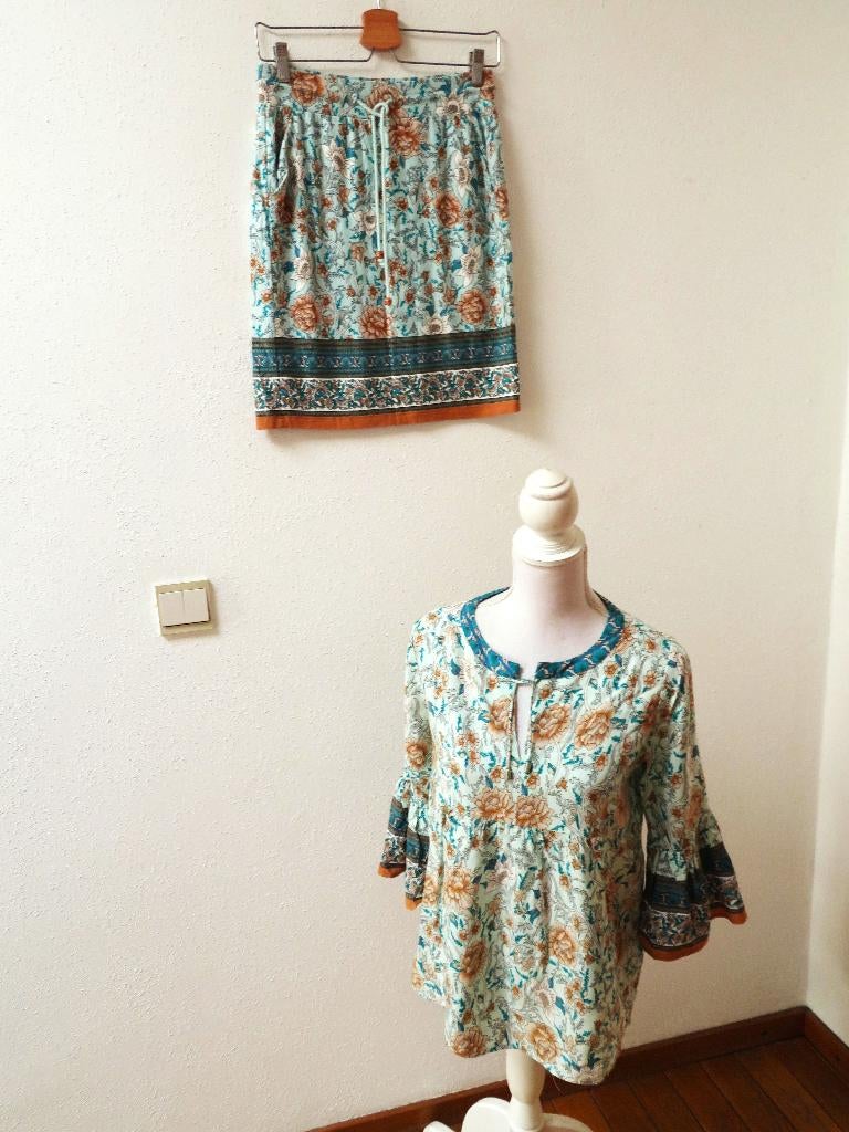 A14 ESQUALO 2delige jurk rok en blouse blauw groen S 36, Blauw, Esqualo, Ophalen of Verzenden, Zo goed als nieuw