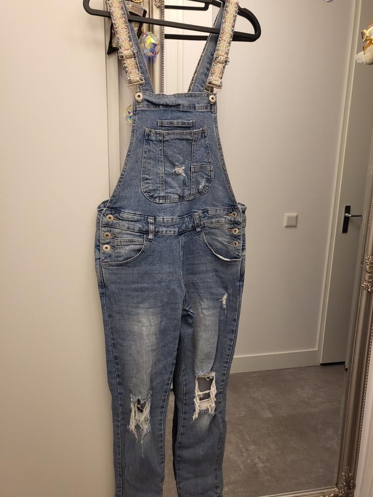 Blauwe denim tuinbroek met scheuren en versierde banden, Ophalen of Verzenden