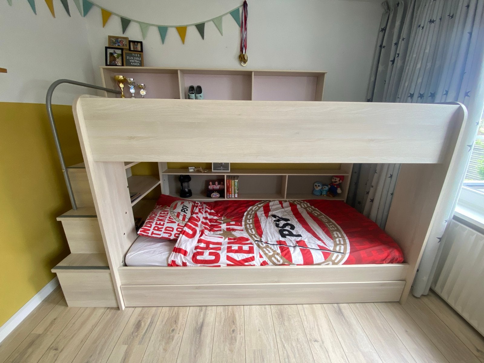 Stapelbed Parisot met uitschuifbaar bed en opbergruimte, Ophalen, 90 cm, 160 tot 180 cm, Tweepersoons