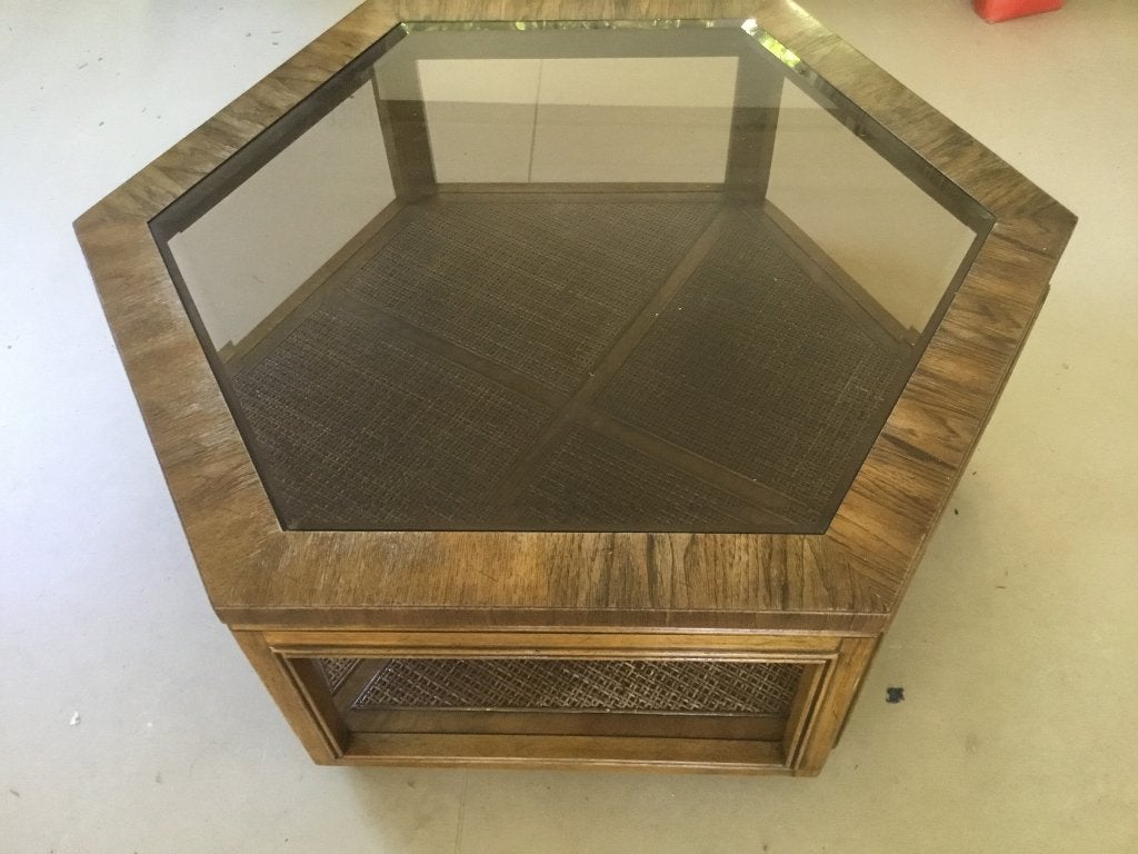 Salontafel, vintage zeshoekige houten tafel, Ophalen, Gebruikt, Overige vormen, 5 – 50
