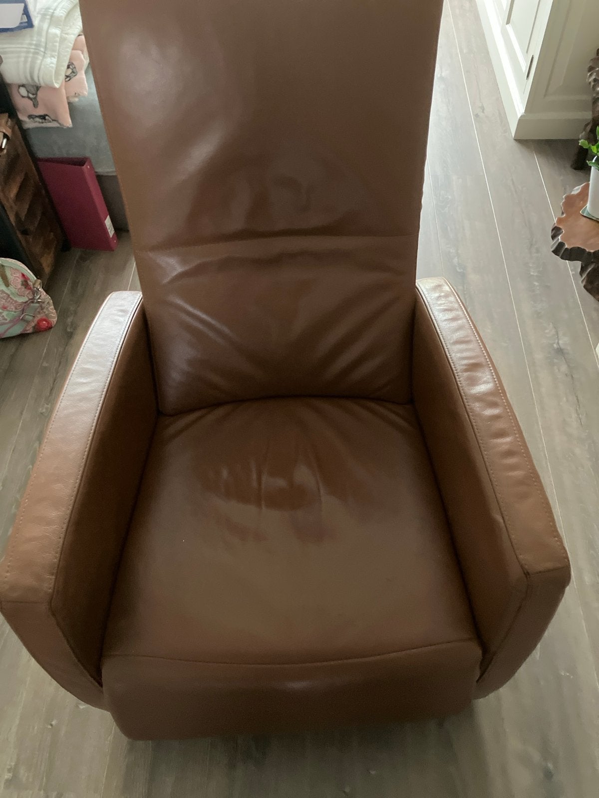 Comfortabele cognac leren relaxfauteuil, Ophalen, Gebruikt, Leer, 75 tot 100 cm