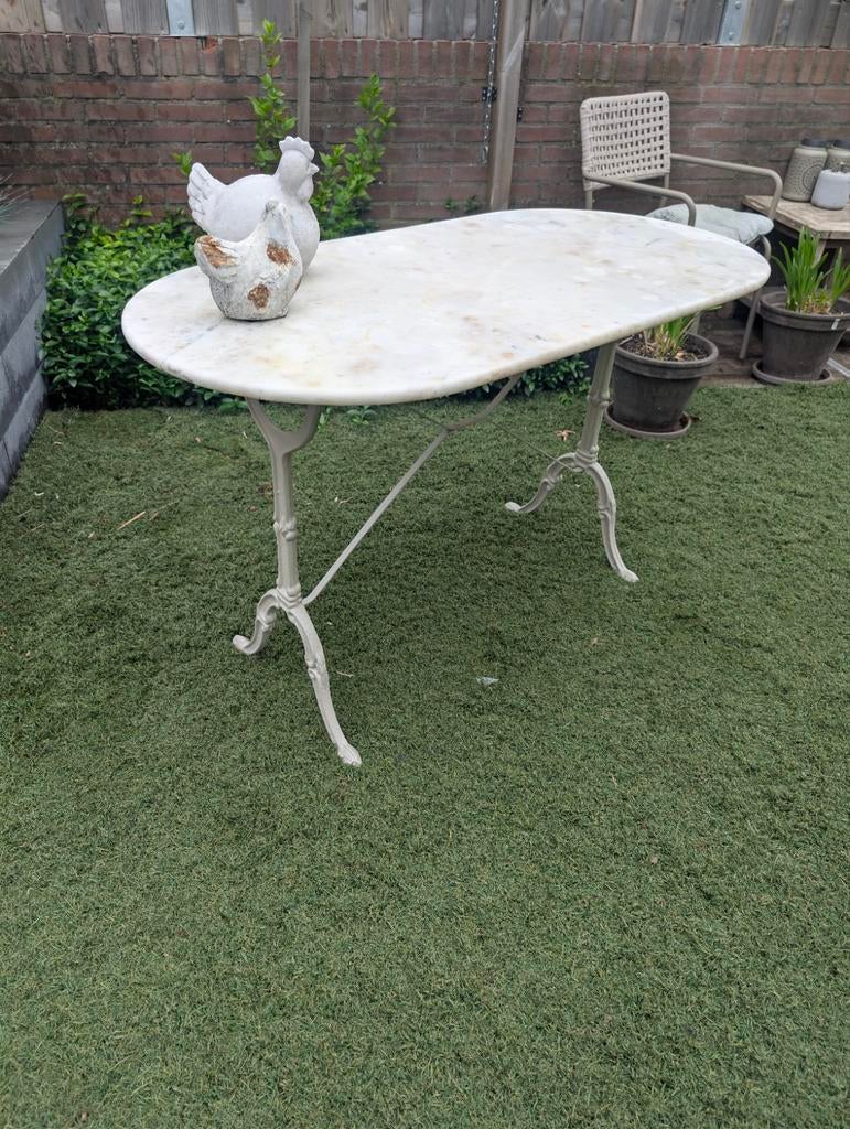 Antiek Frans Marmeren Bistro Tafel, Ophalen, Gebruikt, Ovaal, Metaal