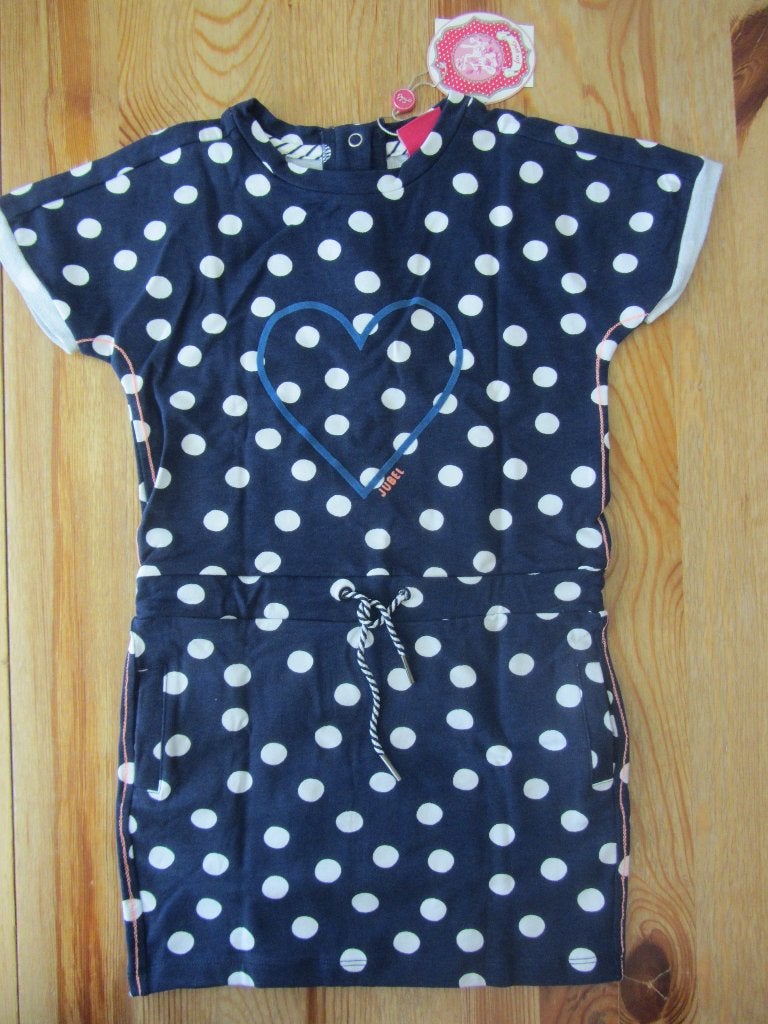 Nieuw donkerblauw gestipt jurkje Jubel maat 140, Ophalen of Verzenden, Nieuw, Meisje, Jurk of Rok
